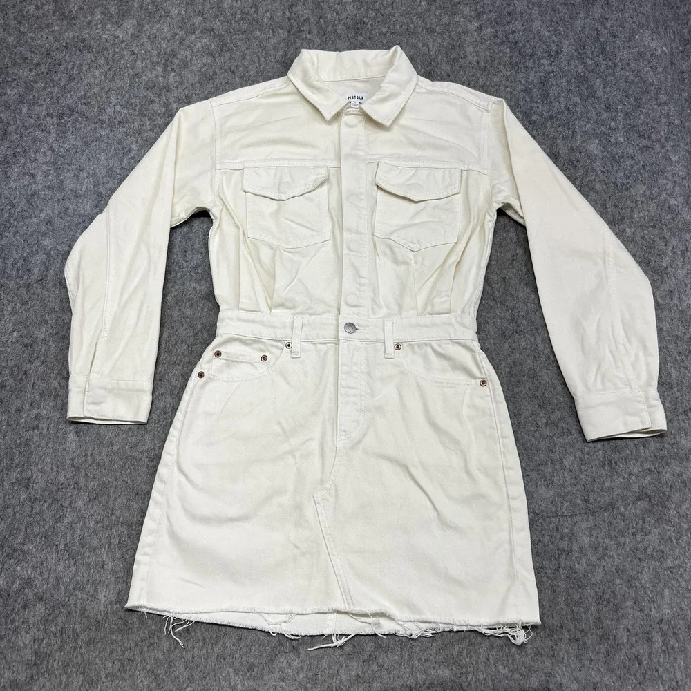 PISTOLA Dress Womens S Cream White Denim Shirt Dress Long Sleeve Raw Hem Utility